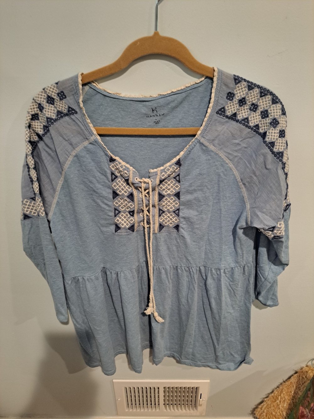 Hannah Light Blue Embroidered Peasant Tunic with Cream Lace-Up